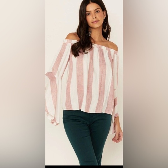 SHYANNE Women's Sz XL Off The Shoulder Stripe Western Coastal Top Belle Sleeve - Picture 1 of 9